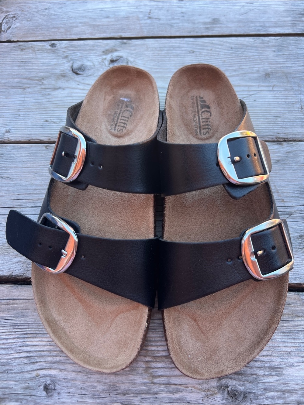 Ciffs by White Mountain|Black Double-Buckle Slide Sandals with Silver Buckles